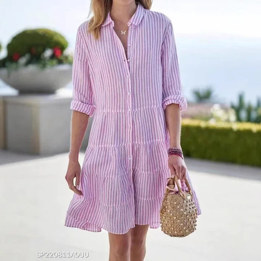 Summer Dress Women – Casual Button Striped Shirt Dress