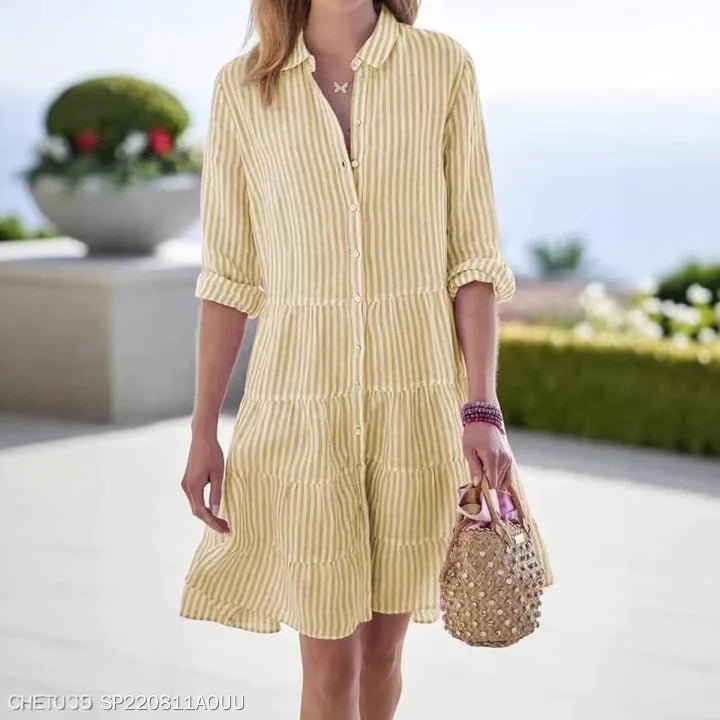 Summer Dress Women – Casual Button Striped Shirt Dress